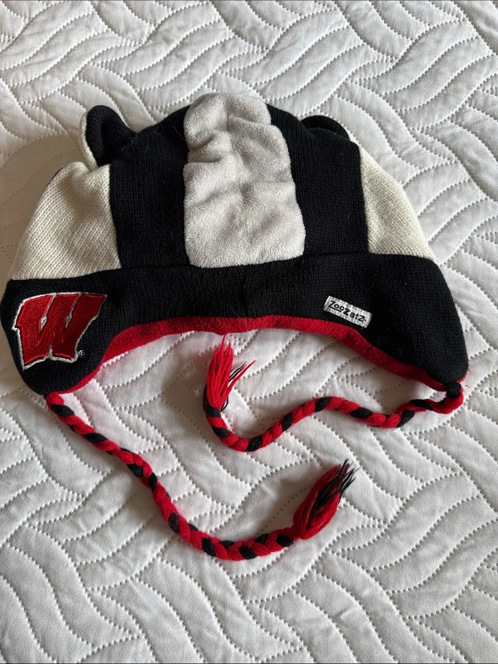 WI Bucky Badger Animal Beanie Hat - Black, White & Red
